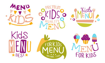 Kids Menu Premium Quality Labels Set, Organic Food for Children Vector Illustration