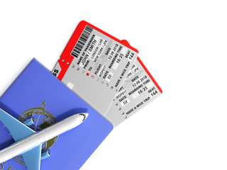 Modern World traveling world concept passport with airline tickets and airplane 3d render on white