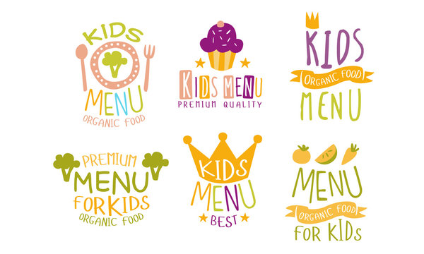 Kids Menu Premium Quality Labels Set, Organic Food for Children Hand Drawn Vector Illustration