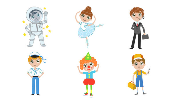 Kids of Different Professions Set, Astronaut, Ballerina, Businessman, Sailor, Clown, Plumber Vector Illustration