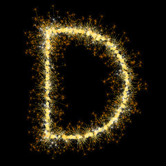 Bengal lights golden glittering sparks leters set. Vector shining golden figures of sparkles and stars on black background.