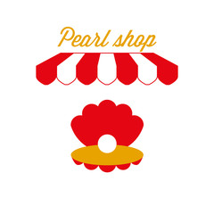 Pearl Shop Sign, Emblem. Red and White Striped Awning Tent. Vector Illustration