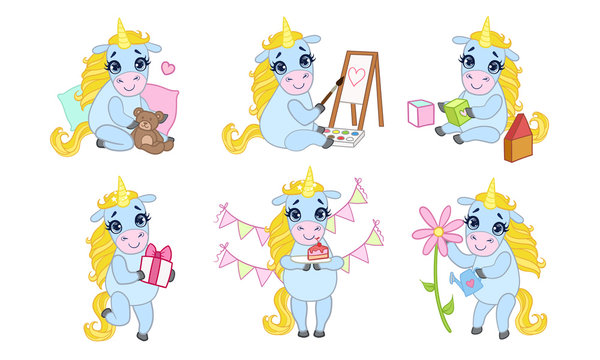 Adorable Unicorn Cartoon Character Set, Cute Fantasy Cheerful Animal in Different Situations Vector Illustration
