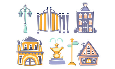 City Landscape Elements Set, Town Residential Houses, Fountain, Lantern, Signpost Hand Drawn Vector Illustration