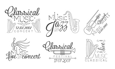 Classical Music Concert Hand Drawn Badges Set, Jazz Music Live Concert, Classical Festival Monochrome Vector Illustration