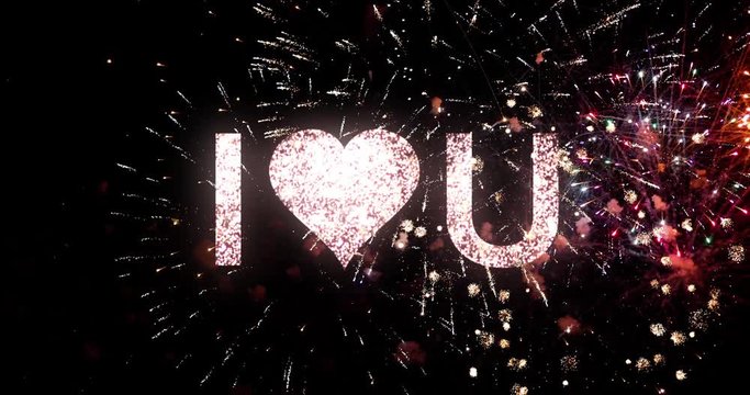 I love you message in the sky with fireworks and sparks on black night sky with heart logo, typography design - Event concept 