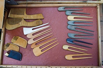 wooden combs and hairpins, set of useful handmade hand carved ancient traditional tools for hair...
