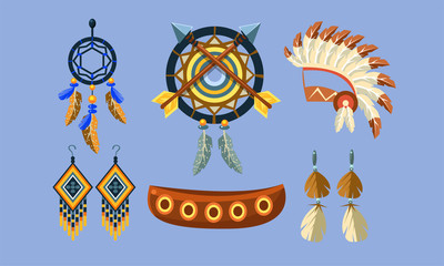 Native American Indian Symbols Set, Ethnic Design Elements, Dreamcatcher, Canoe, Headdress, Earrings Vector Illustration