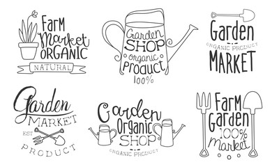Garden Shop Organic Product Hand Drawn Badges Set, Farm Organic Market Monochrome Vector Illustration