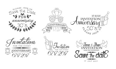 Invitation for the Event Monochrome Badges Set, Wedding, Save the Date, Anniversary Design Element Hand Drawn Vector Illustration