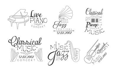 Classical Music Concert Hand Drawn Badges Set, Jazz Festival, Live Piano Monochrome Vector Illustration