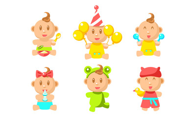Cute Little Baby Character Set, Adorable Inant Boy or Girl Daily Routine Vector Illustration