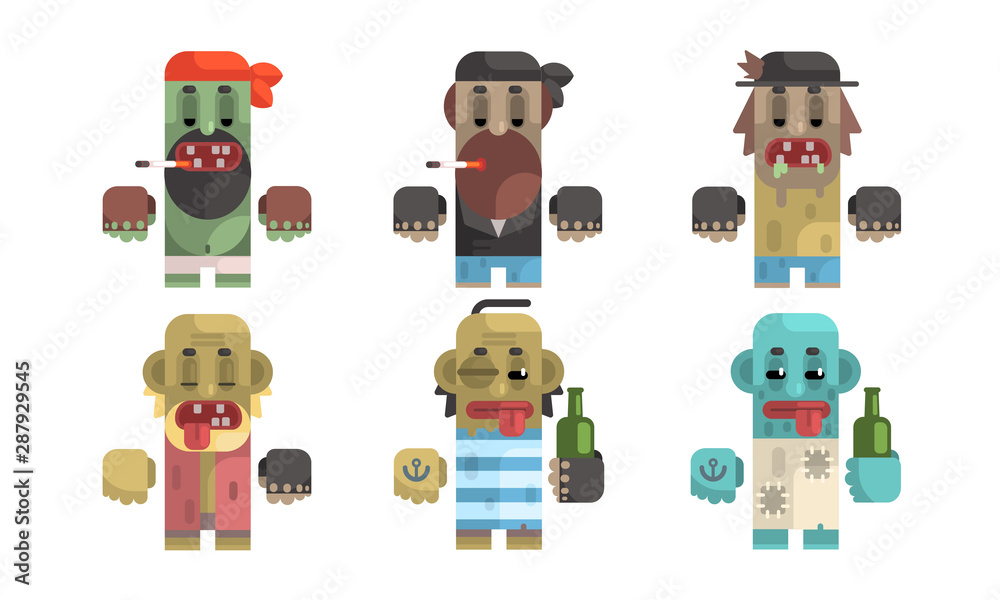 Sticker Addict Men Set, Male Characters Having Pernicious Habits, Drug, Alcoholism, Smoking Vector Illustration