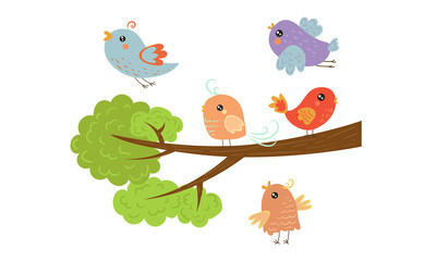 Cute Colorful Birds on Tree Branches with Green Leaves Vector Illustration