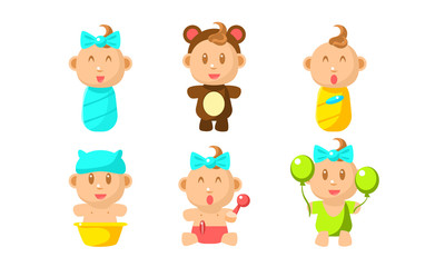 Cute Little Baby Character Set, Adorable Infant Baby Daily Routine Vector Illustration