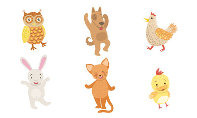 Cute Smiling Animals Set, Happy Owl, Dog, Hen,Chicken, Bunny, Cat Vector Illustration