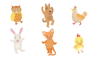 Naklejka premium Cute Smiling Animals Set, Happy Owl, Dog, Hen,Chicken, Bunny, Cat Vector Illustration
