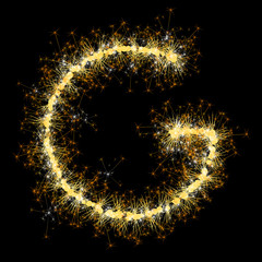 Bengal lights golden glittering sparks leters set. Vector shining golden figures of sparkles and stars on black background.