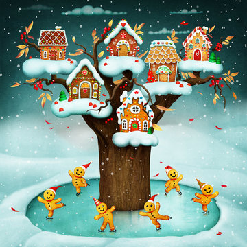 Fantasy winter holiday greeting , conceptual art, for greeting card or poster Gingerbread House and Gingerbread Men for Christmas or New Year 