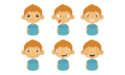Cute Boy Facial Emotions Set, Kids Face with Different Expressions Vector Illustration