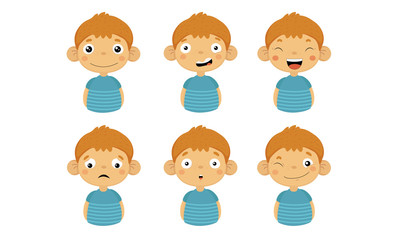 Cute Boy Facial Emotions Set, Kids Face with Different Expressions, Boy Showing Moods Variety Vector Illustration