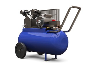 Blue horizontal air compressor isolated on a white background. 3d illustration.
