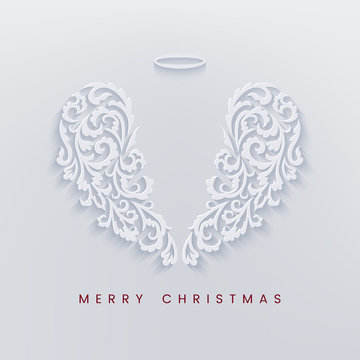 Merry Christmas paper cut card with angel wings