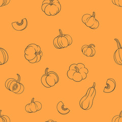 Pumpkins vintage  dark grey outline on orange background seamless pattern