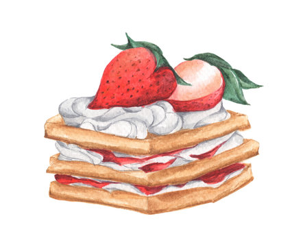 Waffles with whipped cream and strawberries. isolated on white background. Watercolor illustration of a food.