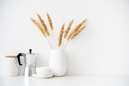 White Home Decor, Coffee Maker, Ceramic Vase And Cup On Tabletop, Contemporary Interior