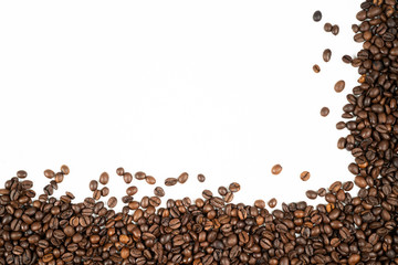 Coffee beans frame with beans at the bottom and right side on a white background