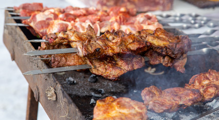Barbecue skewers grilled on charcoal