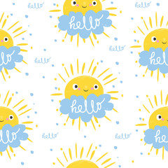 Fototapeta na wymiar seamless pattern cute sun and cloud says hello. vector illustration. Card for kids.