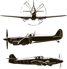 Second World War fighter, navy airplane, vector illustration, Britain, Germany, front and side view, isolated, monogram, silhouette, black graphic drawing