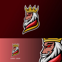 King lord gaming sport esport logo design template with armor, crown, beard and thick mustache