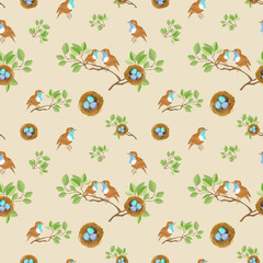 birds and  nests seamless vector pattern
