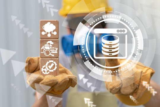 Database Data Analysis Industry Server. Web Storage Network on manufacturing plant.