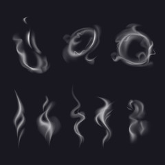 Realistic smoke collection. Gray cigarette smoke. Transparent haze, fog on a dark background.