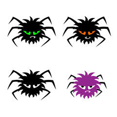 Set of four scary spiders with glowing eyes. Black spooky silhouettes of spiders isolated on white background. Halloween   flat vector character. Cartoon style template for Halloween design.