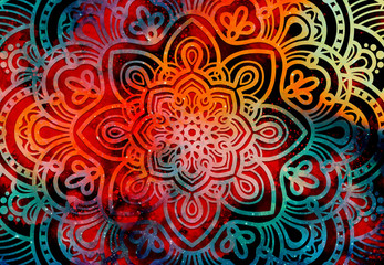 Abstract mandala graphic design and watercolor digital art painting for ancient geometric concept background