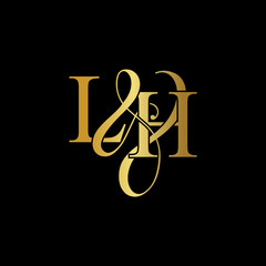 Initial letter LH L H luxury art vector mark logo, gold color on black background.	