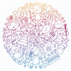Painted by hand style pattern on the theme of childhood. Vector illustration for children design. Drawing by pen on squared notebook.