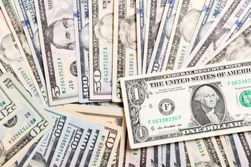 Background with money american hundred dollar bills, horizontal. Top view of business concept on background with copy space