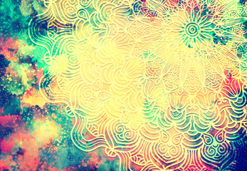 Abstract mandala graphic design and watercolor digital art painting for ancient geometric concept background