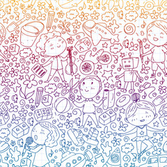 Painted by hand style pattern on the theme of childhood. Vector illustration for children design. Drawing by pen on squared notebook.