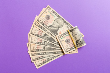 A Hundred dollar fan close up, Top view of business concept on colored background