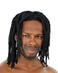 Portrait of a handsome man with dreadlocks, isolated, white background