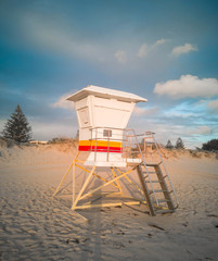 Scarborough beach with lifeguard stand in blue sky, in Western Australia.