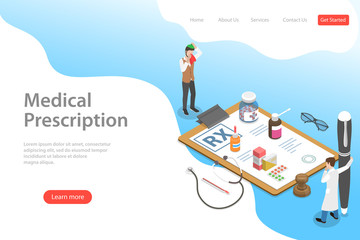 Isometric flat vector landing page template of prescription form, medical service, doctor signs a RX for a patient.