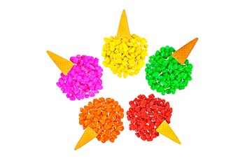 Colorful small rocks formed in ice-cream shapes isolate on white background.